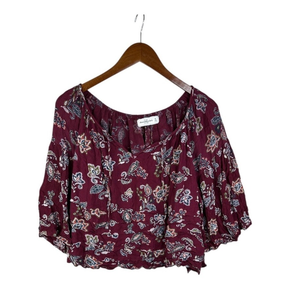 Abercrombie & Fitch Shirt Women's XS Maroon Floral Peasant Short Sleeve Cropped